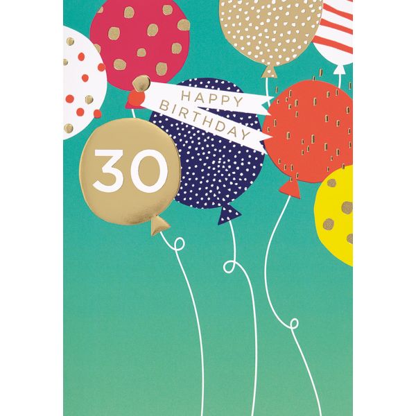 30. Geburtstag Happy Birthday bunte Ballons Glückwunschkarte mit Umschlag