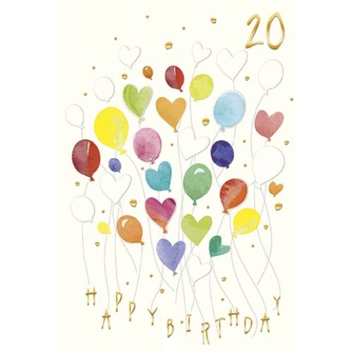 20. Geburtstag – Karte mit Umschlag - Dekor: Luftballons und Herzen