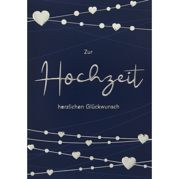 Hochzeit Vermählung Glückwunschkarte mit Umschlag  Zur Hochzeit herzlichen Glückwunsch blau mit silbernen Herzen