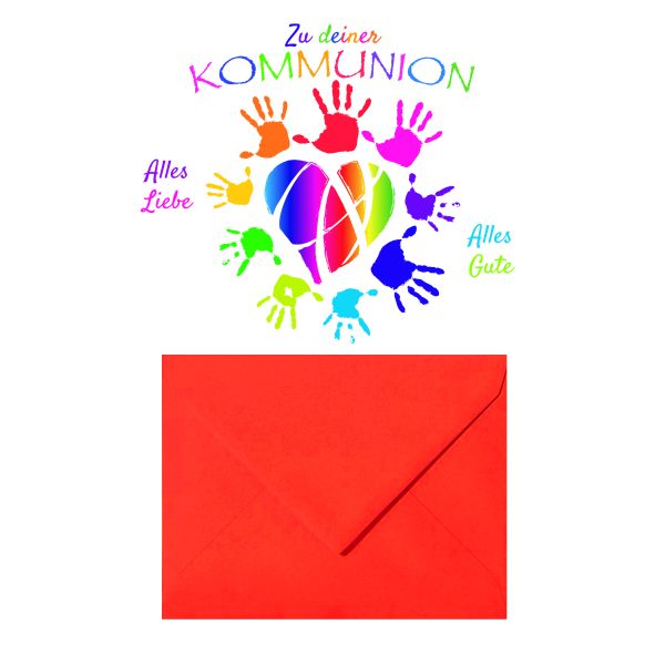 AV Kommunion Geldkarte Glückwunschkarte mit Umschlag Kinder Hände / Herz / Bunt "Zu Deiner Kommunion"