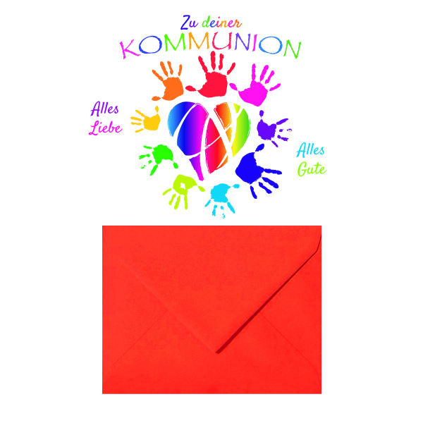 AV Kommunion Geldkarte Glückwunschkarte mit Umschlag Kinder Hände / Herz / Bunt "Zu Deiner Kommunion"