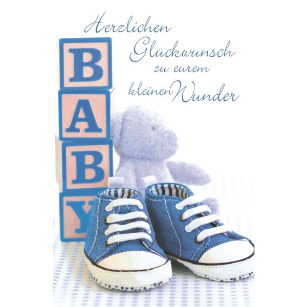 Geburt Baby Glückwunschkarte mit Umschlag Herzlichen Glückwunsch Kleines Wunder Schuhe Teddy Junge