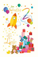 2. Geburtstag - Karte mit Umschlag - Rakete und Geschenke...