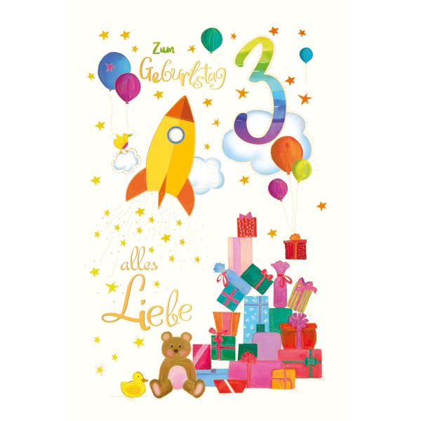 3. Geburtstag Karte mit Umschlag Rakete und Geschenke mit Goldfolie