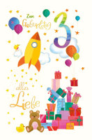 3. Geburtstag - Karte mit Umschlag - Rakete und Geschenke...