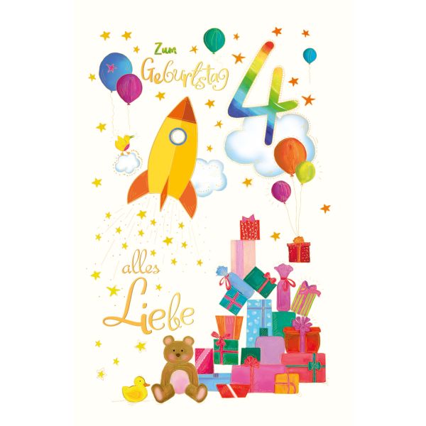 4. Geburtstag Karte mit Umschlag Rakete und Geschenke mit Goldfolie
