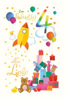 4. Geburtstag - Karte mit Umschlag - Rakete und Geschenke...
