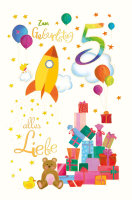 5. Geburtstag - Karte mit Umschlag - Rakete und Geschenke...