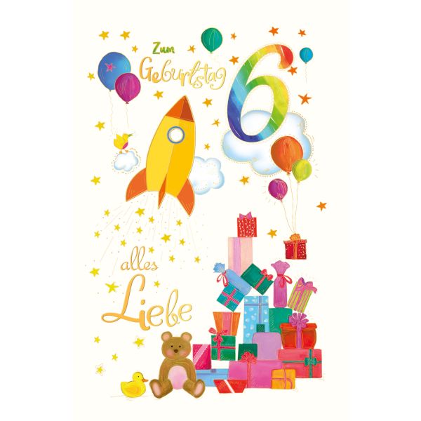 6. Geburtstag Karte mit Umschlag Rakete und Geschenke mit Goldfolie