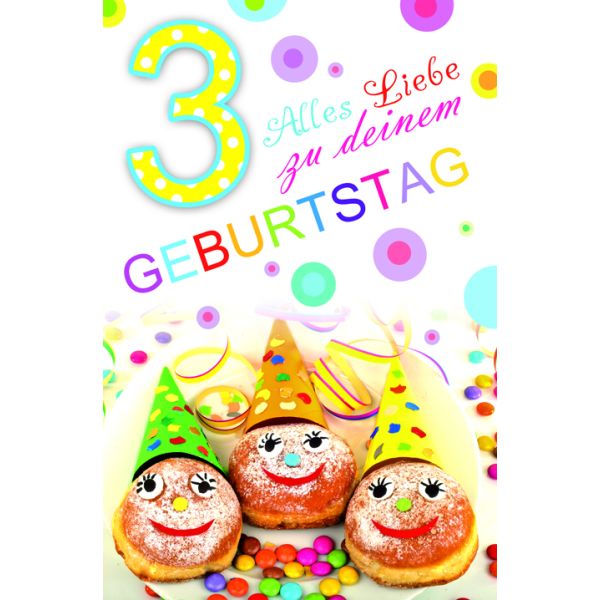 Zahlengeburtstag Kindergeburtstag 3. Geburtstag Karte mit Umschlag Berliner mit Partyhut