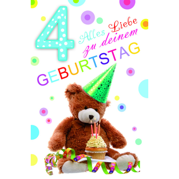 Zahlengeburtstag Kindergeburtstag 4. Geburtstag Karte mit Umschlag Teddy mit Partyhut und Cupcake