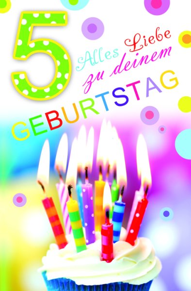 Zahlengeburtstag – Kindergeburtstag - 5. Geburtstag - Karte mit Umschlag - Cupcake mit bunten Kerzen