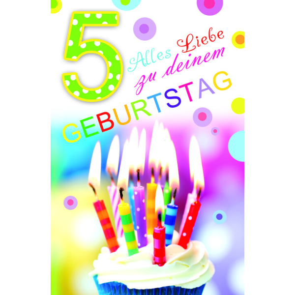 Zahlengeburtstag Kindergeburtstag 5. Geburtstag Karte mit Umschlag Cupcake mit bunten Kerzen