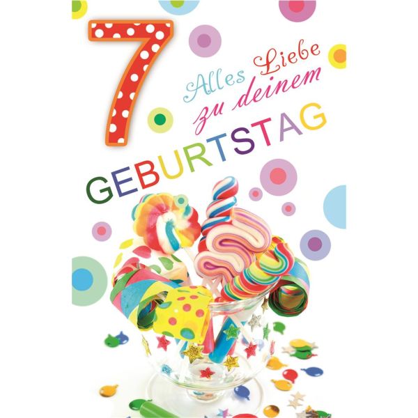 A 7. Geburtstag Karte mit Umschlag Mit Süßigkeiten und Papiertröten gefülltes Glas