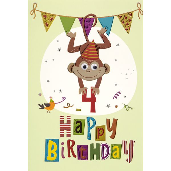 4. Geburtstag Collage Glückwunschkarte mit Briefumschlag Affe an Girlande Happy Birthday