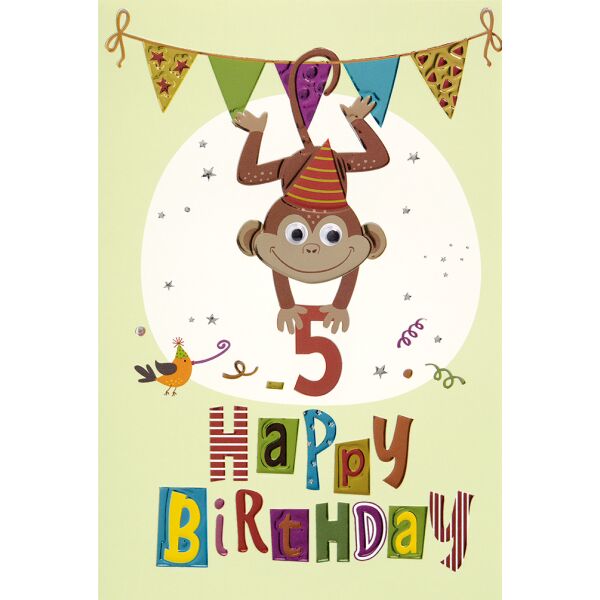 5. Geburtstag Collage Glückwunschkarte mit Umschlag 5 Affe Girlande Happy Birthday