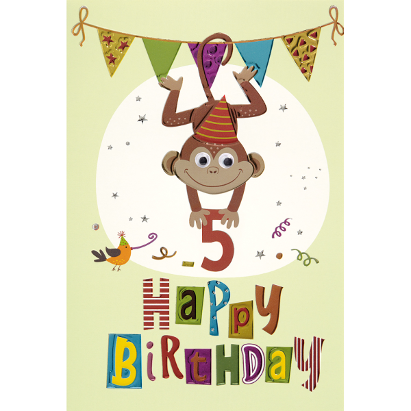 5. Geburtstag Collage Glückwunschkarte mit Umschlag 5 Affe Girlande Happy Birthday