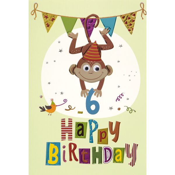 A 6. Geburtstag  Collage Glückwunschkarte mit Umschlag 6 Affe Girlande Happy Birthday