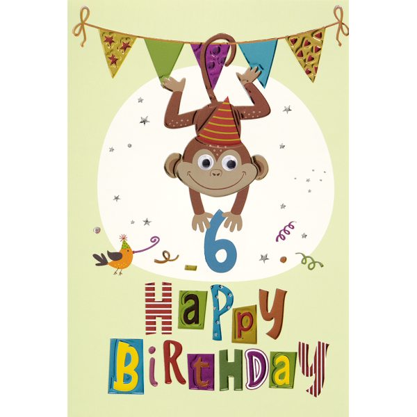 A 6. Geburtstag  Collage Glückwunschkarte mit Umschlag 6 Affe Girlande Happy Birthday