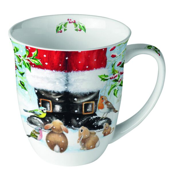 A Weihnachten Becher Mug 0.4 L Fine Bone China Format: Ø 10 cm x H 10,5 cm 1 Becher pro Packung Looking Up To Santa Weihnachtsmannstiefel