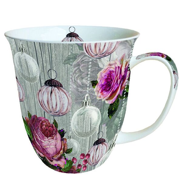 Weihnachten Becher Mug 0.4 L Fine Bone China Ø 10 cm x H 10,5 cm Roses And Baubles Rosen grau