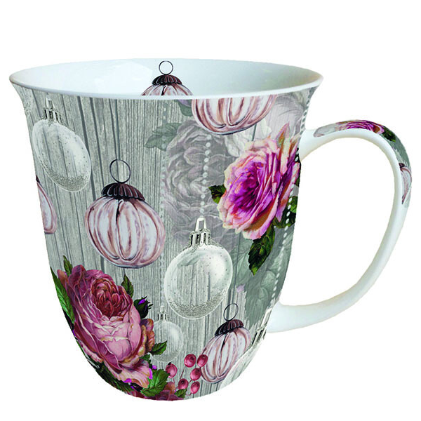 Weihnachten Becher Mug 0.4 L Fine Bone China Ø 10 cm x H 10,5 cm Roses And Baubles Rosen grau