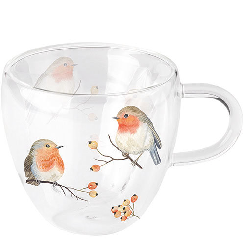 Doppelwandiger Glasbecher – Format: 9,5 cm x Ø 10 cm – Robin Family - Vögel Rotkehlchen