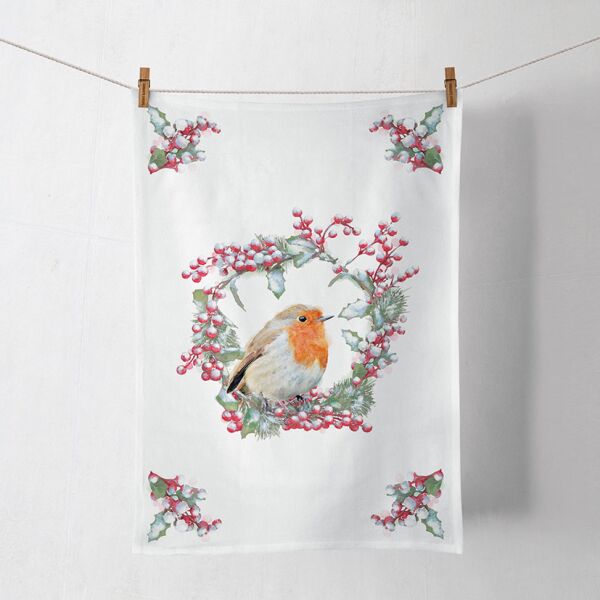 Weihnachten Geschirrtuch Kitchen towel 50 cm x 70 cm Robin In Wreath Rothkehlchen