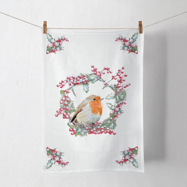Weihnachten Geschirrtuch Kitchen towel 50 cm x 70 cm Robin In Wreath Rothkehlchen