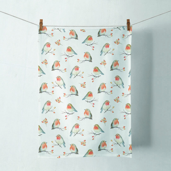 Weihnachten Geschirrtuch 50 cm x 70 cm 1 Geschirrtuch pro Packung Robin Family Rotkehlchen Familie