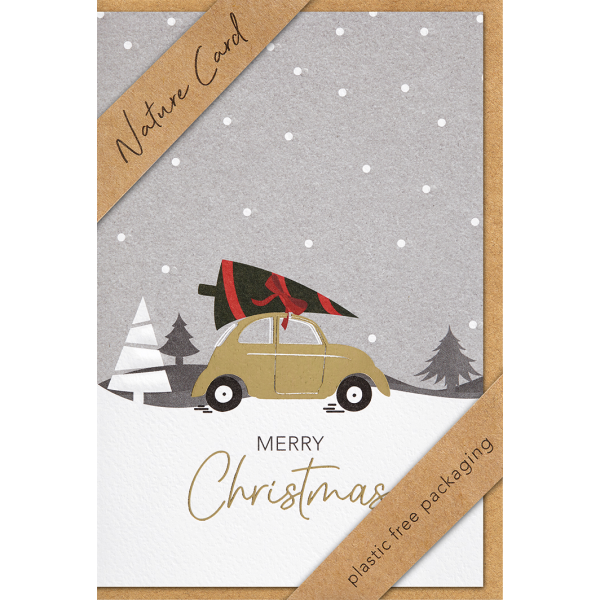 Weihnachten - Nature Cards Handmade - Glückwunschkarte im Format 11,5 x 17 cm mit Briefumschlag - Auto mit Tannenbaum auf Dach