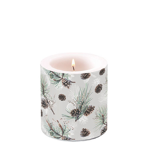 Weihnachten – Kerze klein – Candle small – Format: Ø 7,5 cm x 9 cm – Brenndauer: 35 Std. - 1 Kerze pro Packung – Pine Cone All Over