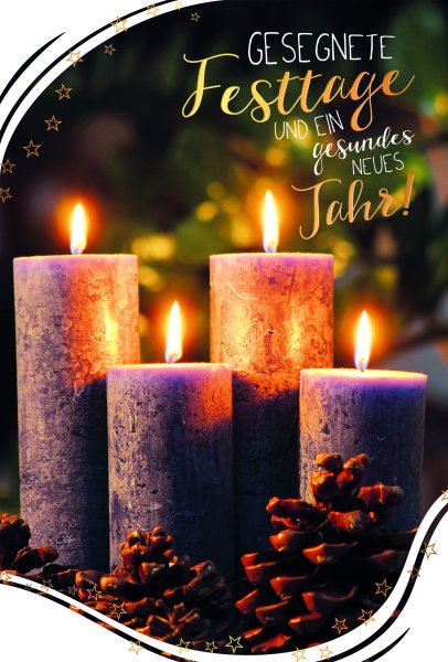 Gesegnete Weihnachten - Glückwunschkarten im Format 11,5 x 17 cm - Brennende Kerzen, Kiefernzapfen, mit Goldfolie