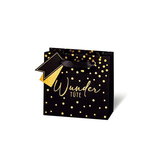 Tasche klein - CD-Format 14,5x15x6 cm - schwarz mit goldenen Punkten - Wundertüte