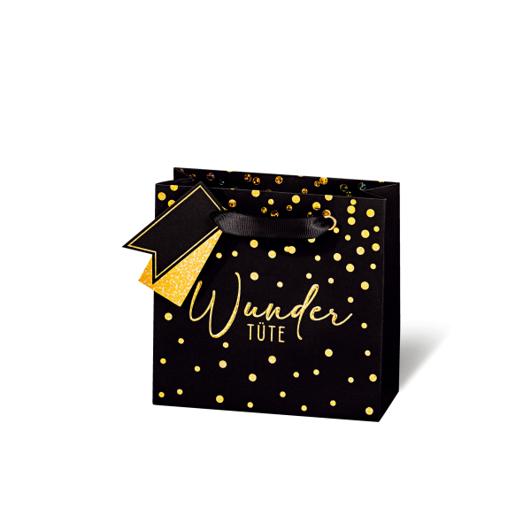 Tasche klein - CD-Format 14,5x15x6 cm - schwarz mit goldenen Punkten - Wundertüte