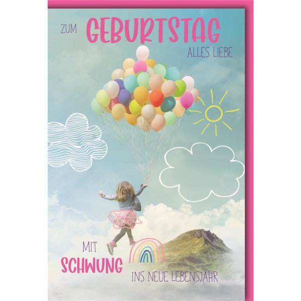 Geburtstag - Glückwunschkarte im Format 11,5 x 17 cm mit Umschlag - Mädchen mit Heliumballons - Verlag Dominique