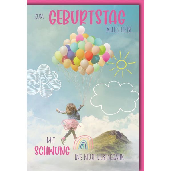 Geburtstag Glückwunschkarte mit Umschlag Mädchen mit Heliumballons