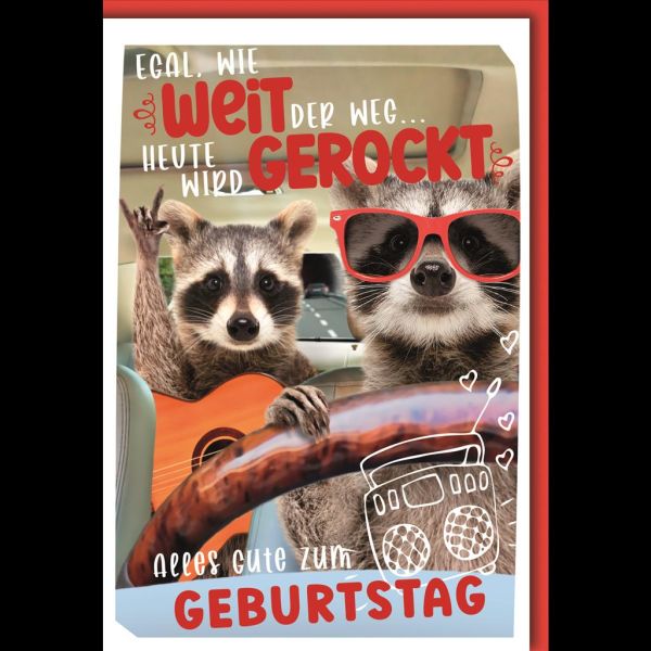 Geburtstag Glückwunschkarte mit Umschlag Waschbären rocken