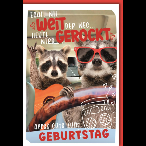 Geburtstag Glückwunschkarte mit Umschlag Waschbären rocken