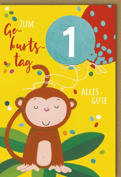 1. Geburtstag - Glückwunschkarte im Format 11,5 x 17 cm mit Umschlag - Affe auf Blatt - Verlag Dominique