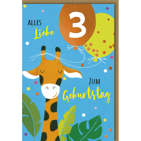 3. Geburtstag Glückwunschkarte mit Umschlag Giraffe mit Luftballons