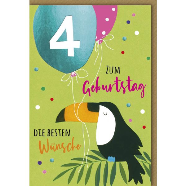4. Geburtstag Glückwunschkarte mit Umschlag Vogel auf Blatt