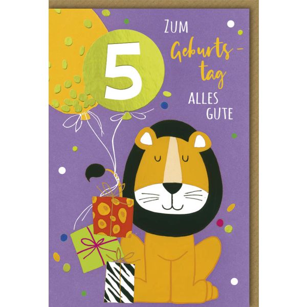 5. Geburtstag Glückwunschkarte mit Umschlag Löwe mit Geschenken