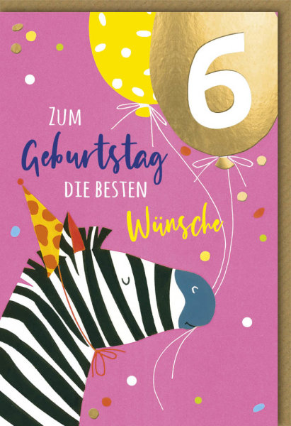 6. Geburtstag - Glückwunschkarte im Format 11,5 x 17 cm mit Umschlag - Zebra mit Luftballons - Verlag Dominique