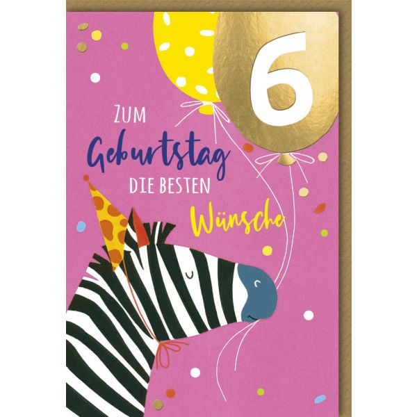 6. Geburtstag Glückwunschkarte mit Umschlag Zebra mit Luftballons