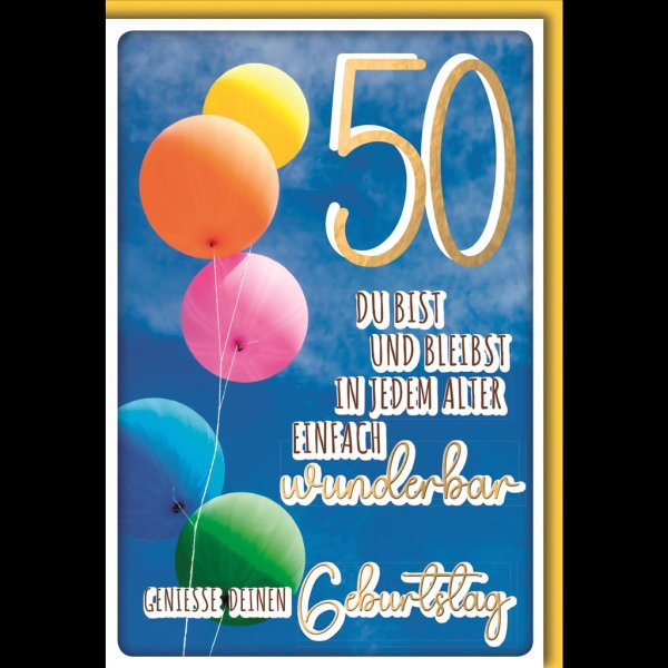 50. Geburtstag - Glückwunschkarte im Format 11,5 x 17 cm mit Umschlag - aufsteigende Luftballons - Verlag Dominique