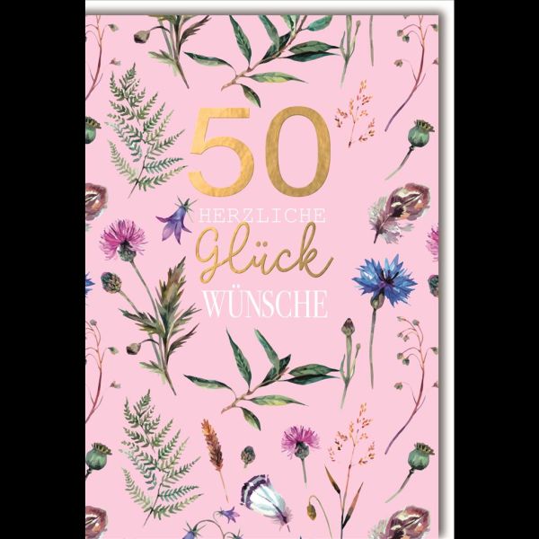 50. Geburtstag Glückwunschkarte mit Umschlag Wald- und Wiesenblumen