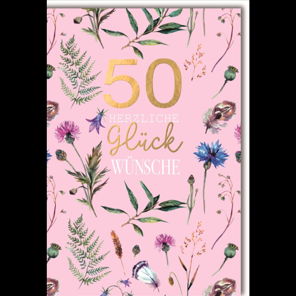 50. Geburtstag Glückwunschkarte mit Umschlag Wald- und Wiesenblumen