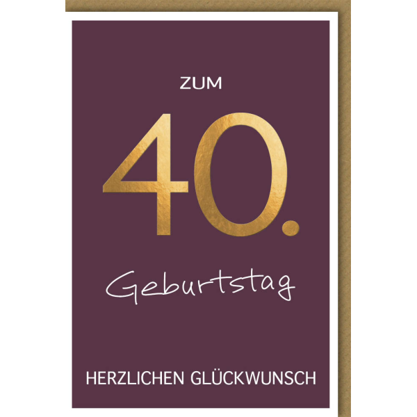 A 40. Geburtstag Glückwunschkarte mit Umschlag 40 Rot - Gold Herzlichen Glückwunsch