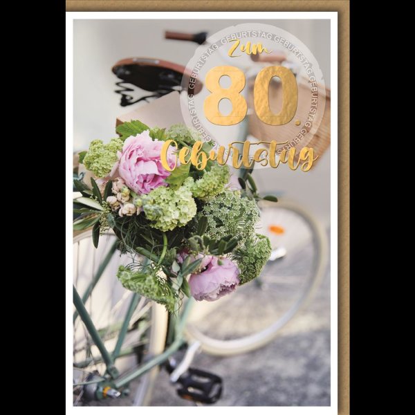 80. Geburtstag - Glückwunschkarte im Format 11,5 x 17 cm mit Umschlag - Blumen, Fahrradgepäckträger - Verlag Dominique